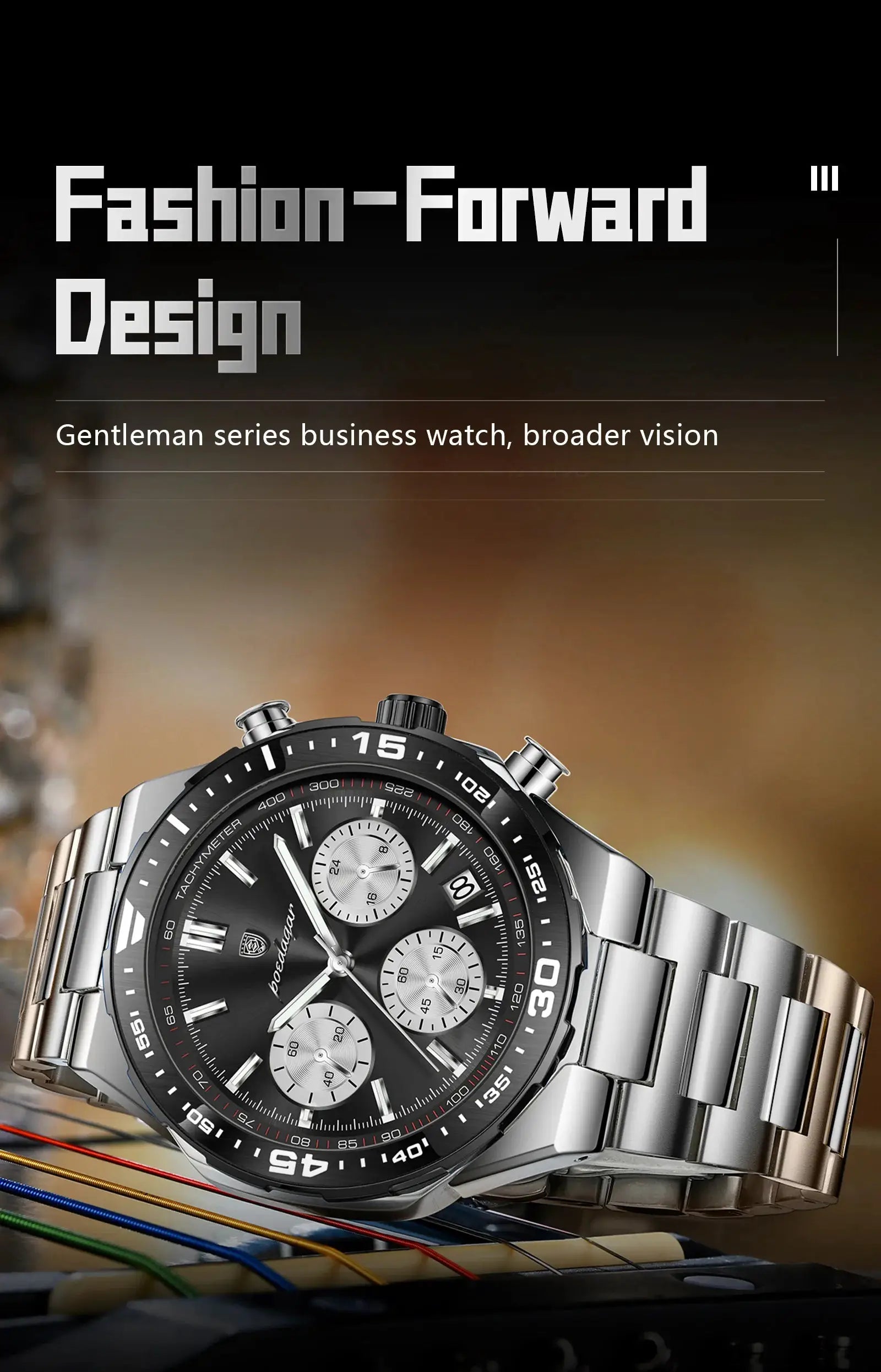 POEDAGAR men's fashion quartz chronograph watch with stainless steel bracelet, luminous date display, waterproof
