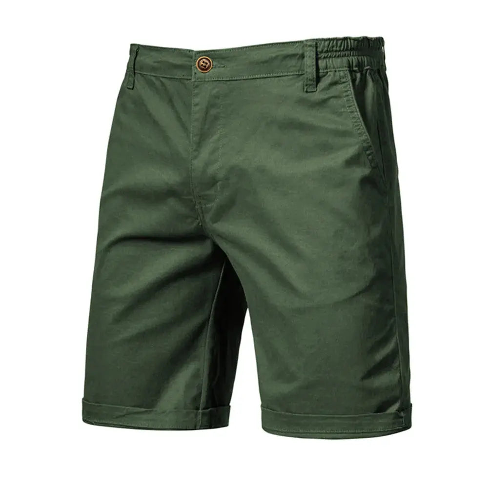 Men's 100% cotton olive green shorts with elastic waistband, button front, cuffed hems.