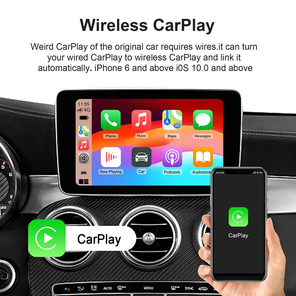 Simples Market Android 13 TV Box Wireless CarPlay AI Box for cars; dashboard display with CarPlay icons