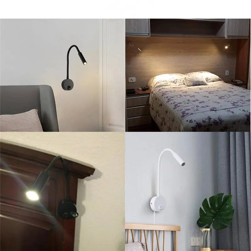 LED flexible hose wall lamp by Simples Market; black and white gooseneck bedside reading lights, 4-piece set.