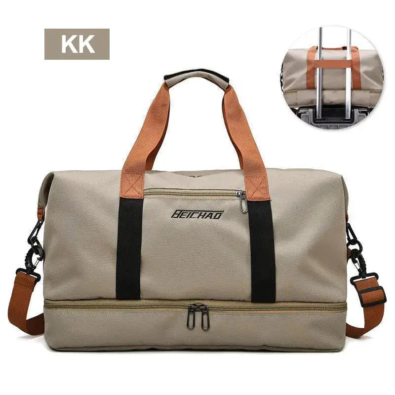Beichao beige travel gym duffel bag with orange handles and removable shoulder strap