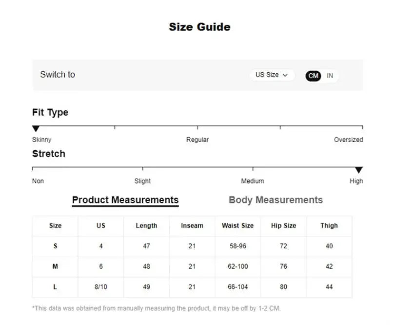 High Waisted Seamless Yoga Shorts size guide by Simples Market; shows fit types, stretch levels, and S/M/L size tables.