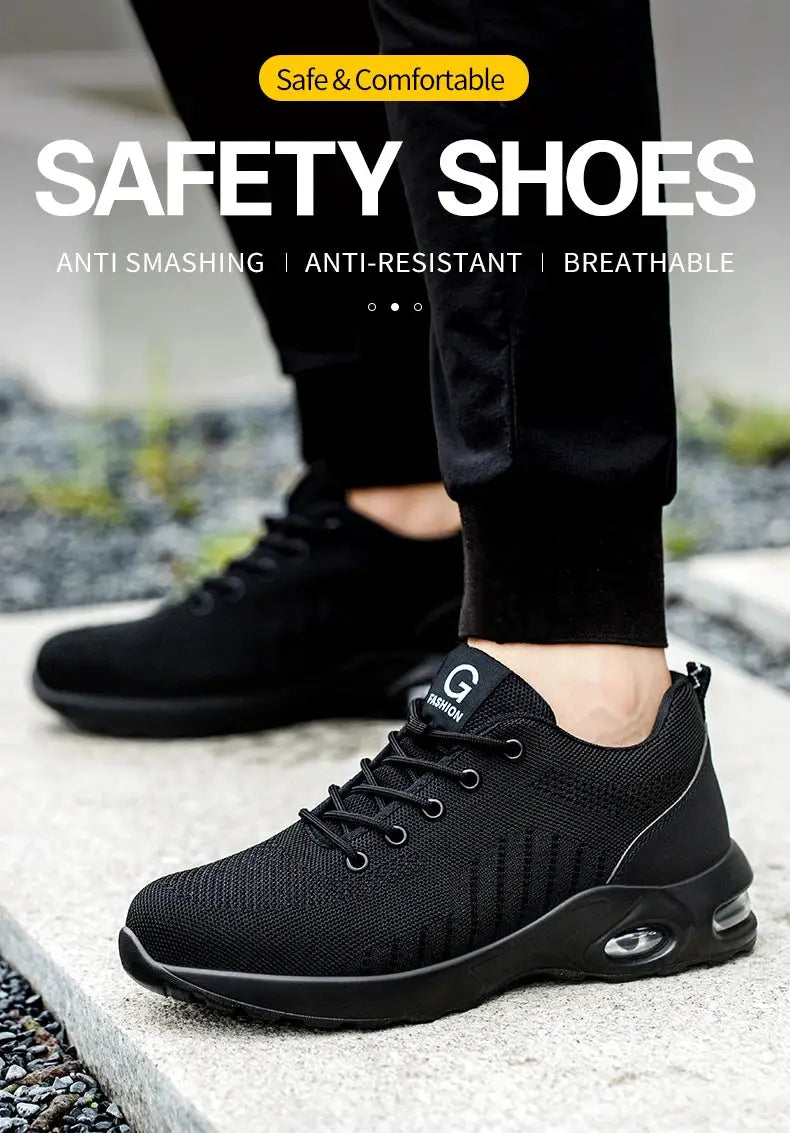 Air cushion safety shoes for men and women, black breathable knit with steel toe, G FASHION