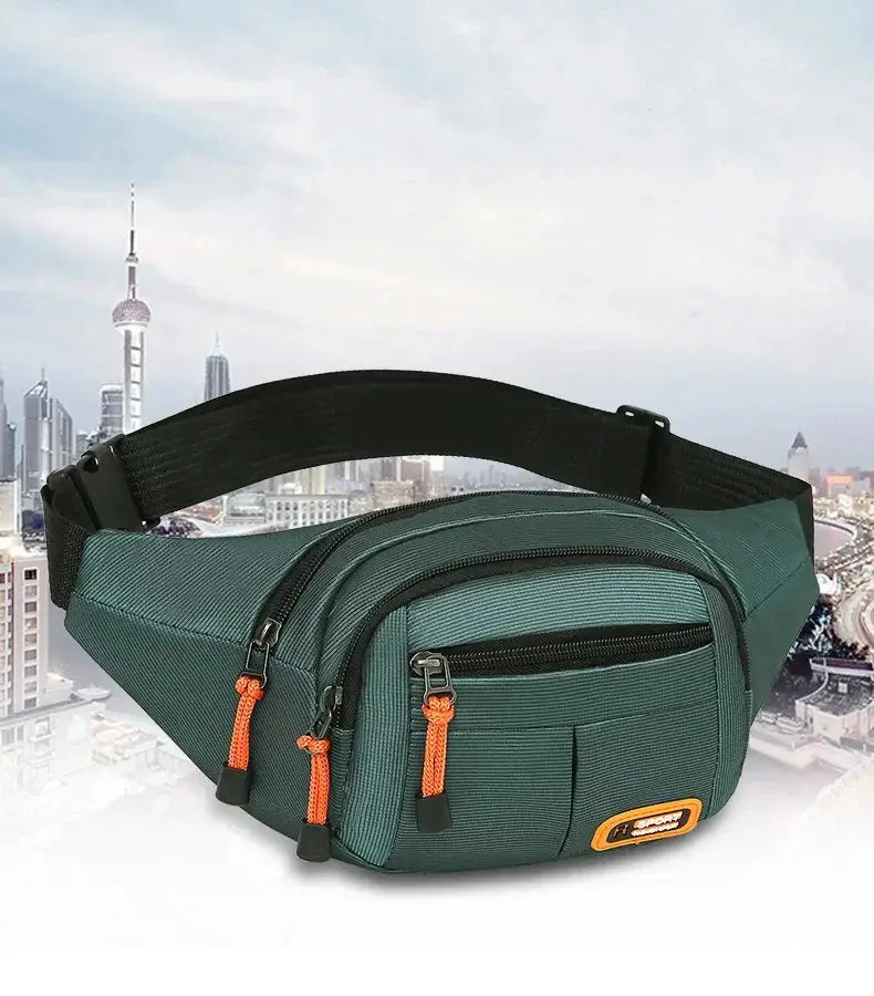 Simples Market Oxford waterproof waist bag for unisex use, green with orange zipper pulls and multiple pockets
