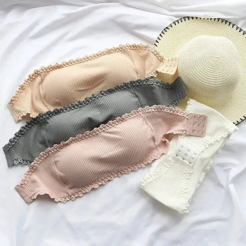 Simples Market 5-piece strapless lace bra set in beige, gray, pink, white and cream; ribbed seamless back-closure.