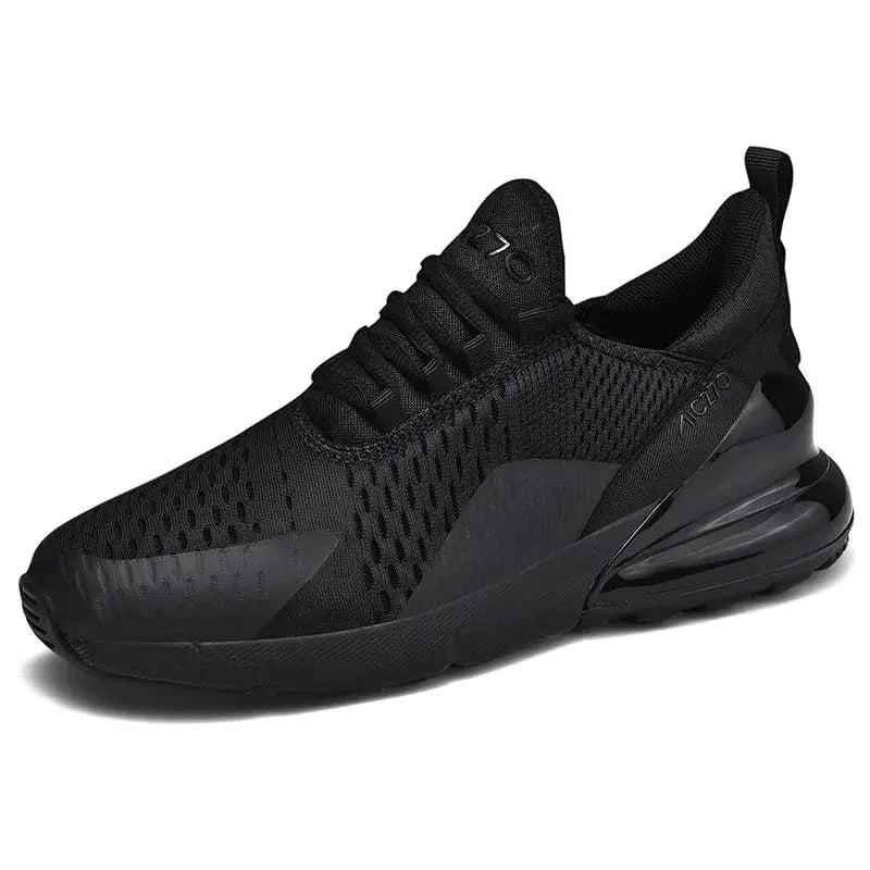 Men's black mesh athletic sneakers with breathable upper and thick platform sole