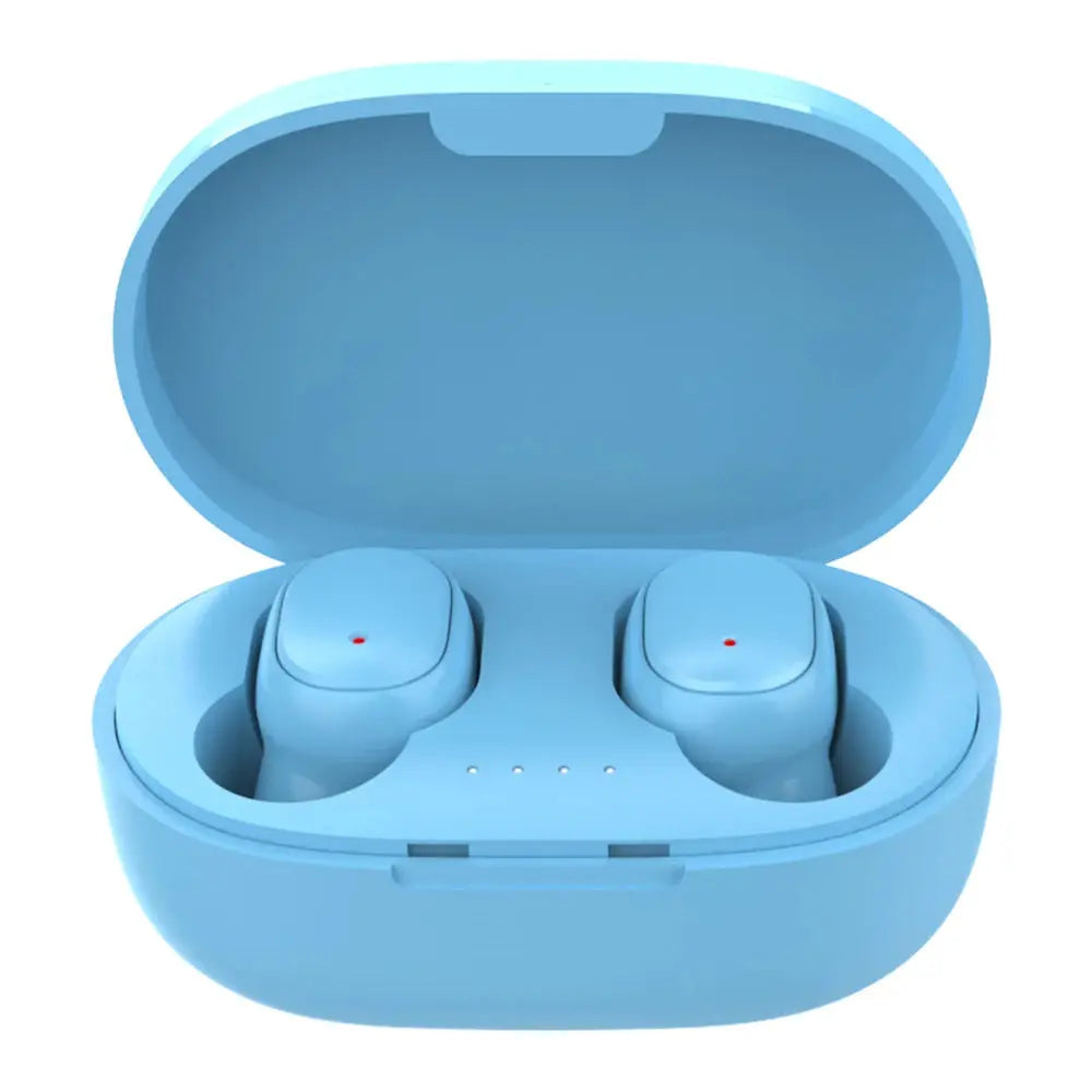 A6S wireless Bluetooth earphones pair in blue charging case with LED indicators