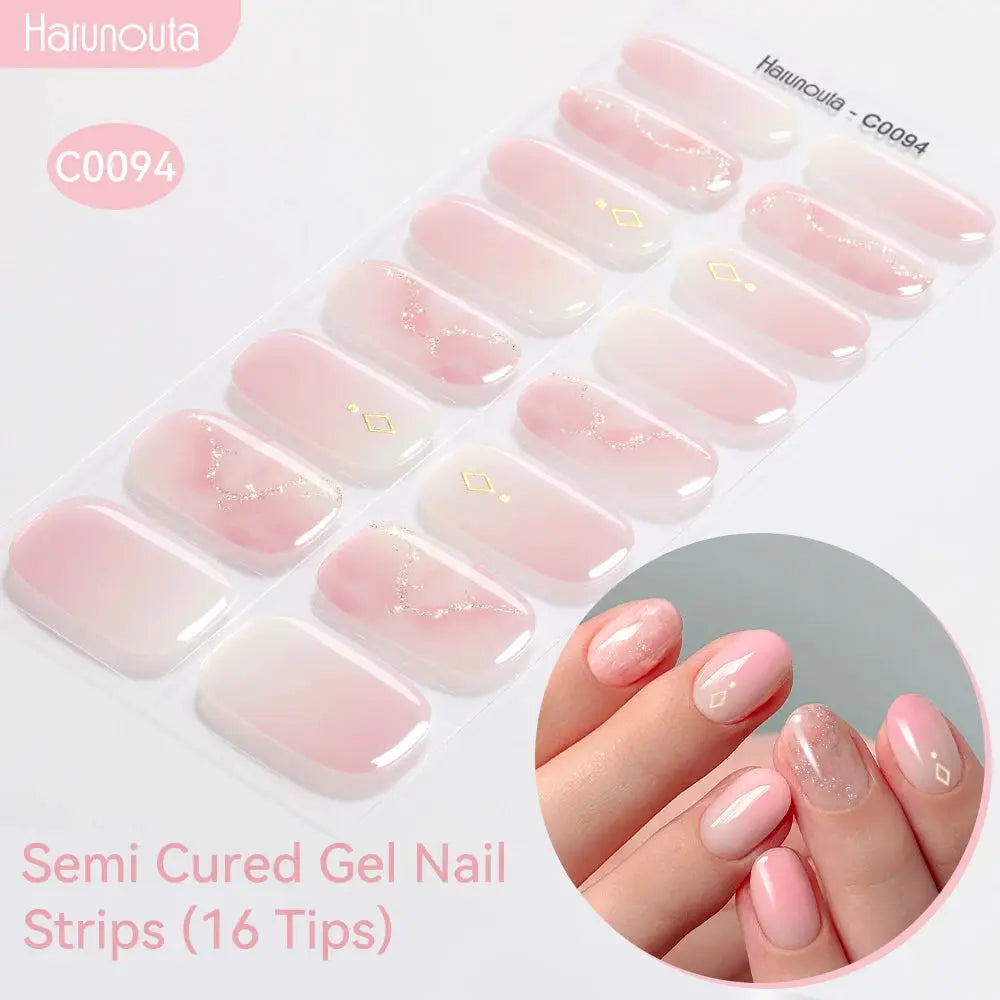 Semi-Cured Gel Nail Strips by Harunouta, gradient pink with gold accents, 16-piece set