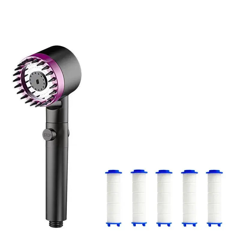 Simples Market portable shower head with three spray modes; black handle, purple ring, five replacement filters