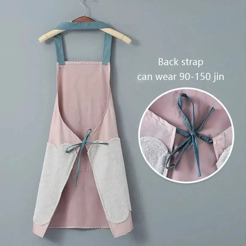 Pink women's kitchen apron by Simples Market with teal back straps and white lace panels, oil-proof waterproof fabric