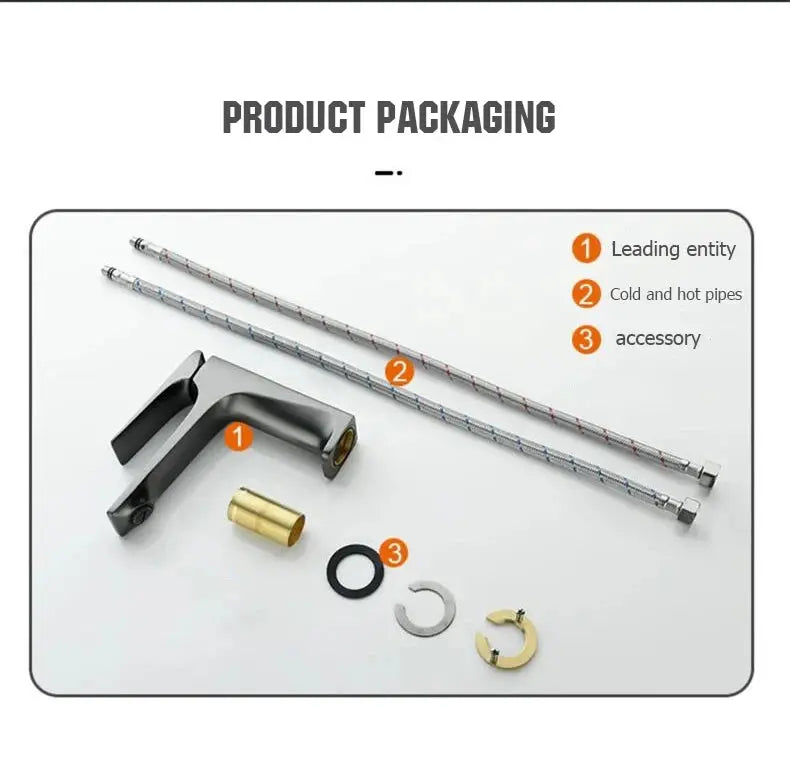 Brass core modern bathroom sink faucet by Simples Market, deck-mounted single-handle with 2 braided hoses and fittings