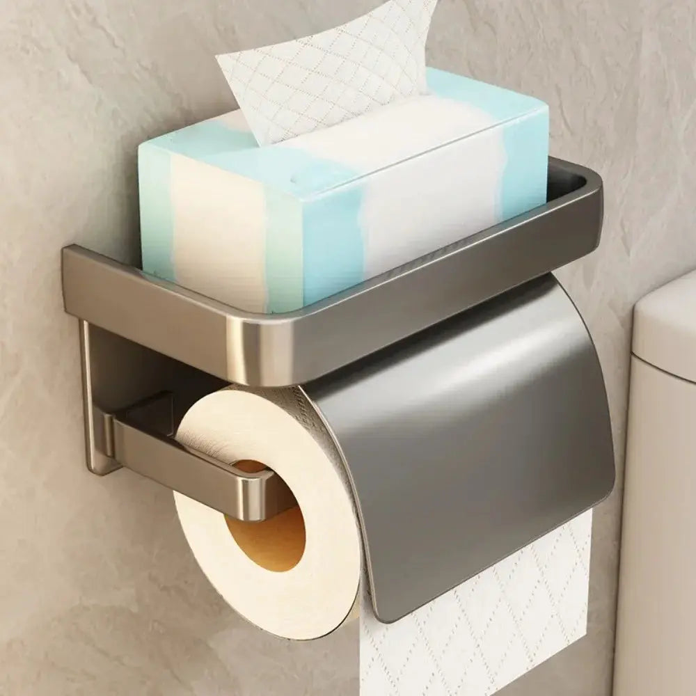 NovaGrip Self Adhesive Toilet Paper Holder With Shelf Wall Mount No Drilling Aluminum Alloy Bathroom Organizer