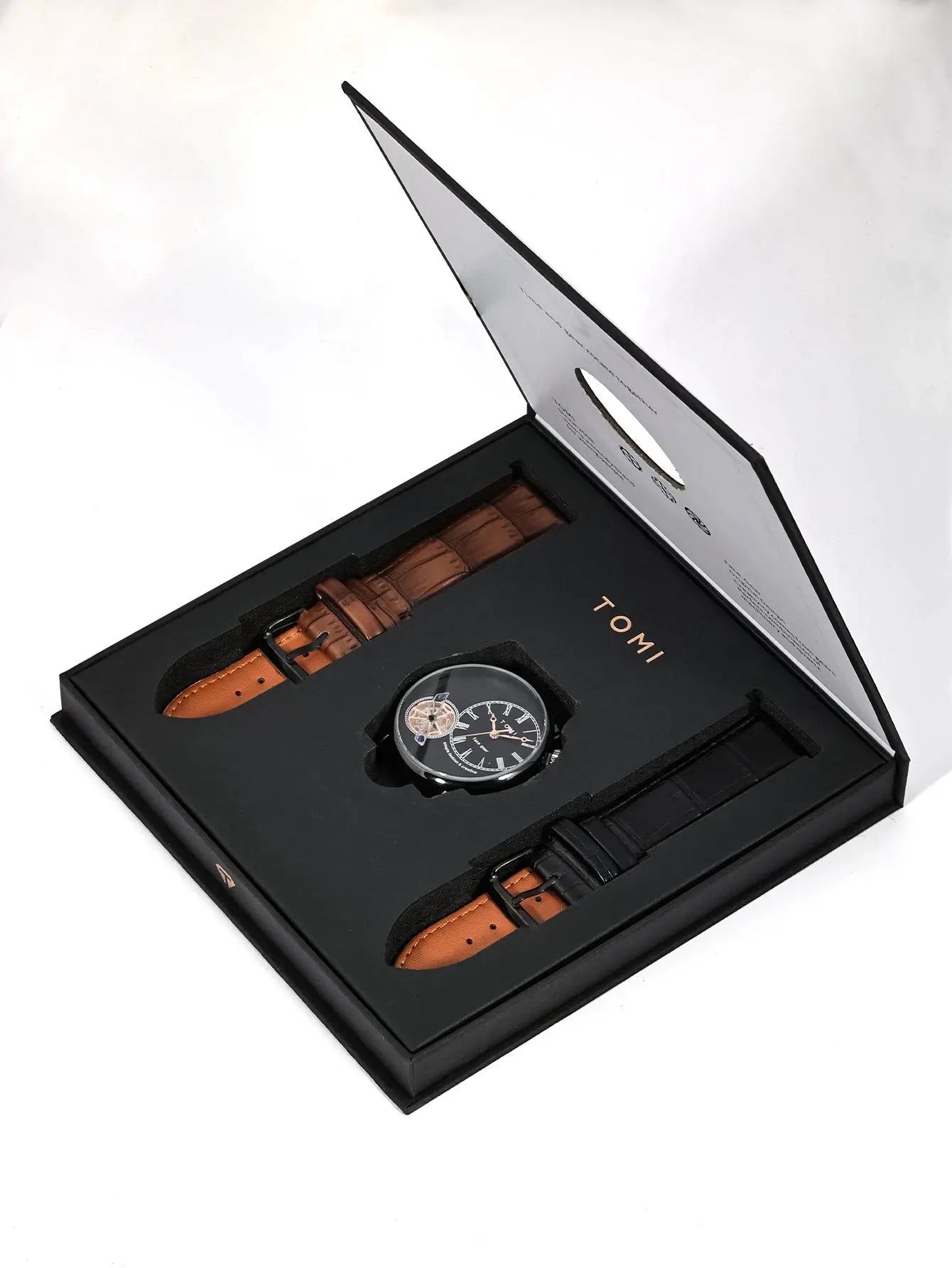 TOMI men's quartz watch set in a black gift box with brown and black leather straps