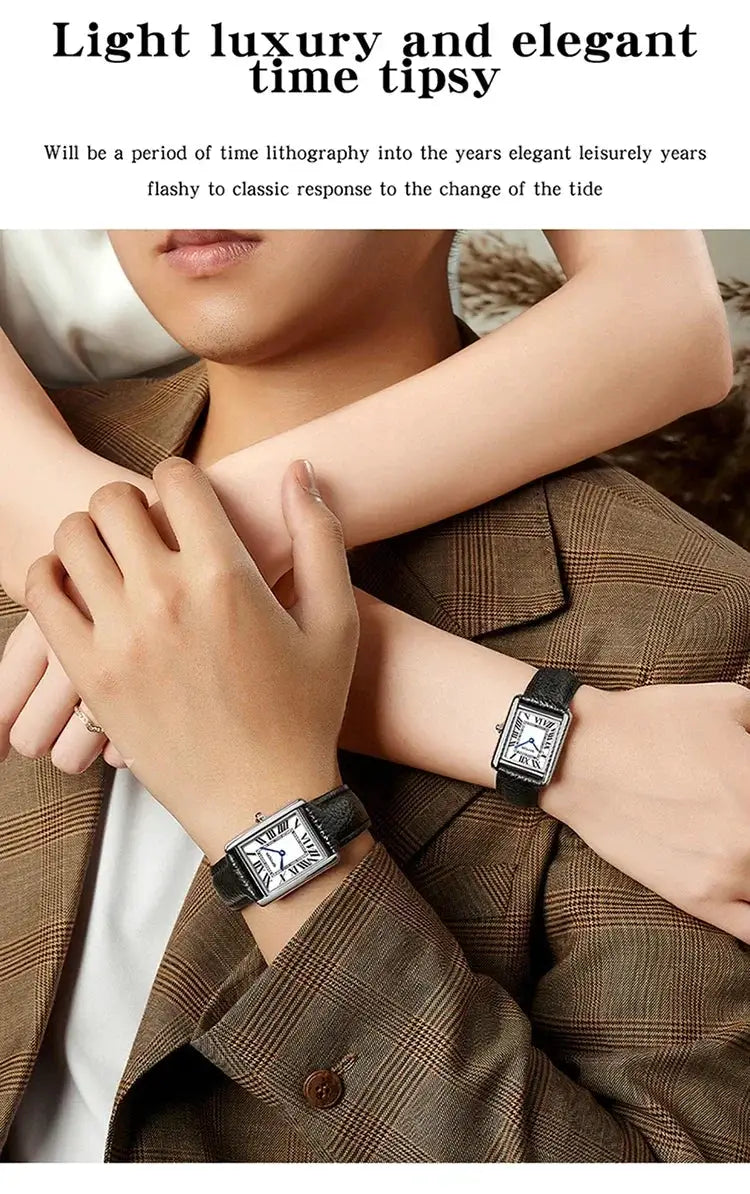 SANDA 9031/1108 luxury couple quartz watches, two with black leather straps and square silver cases