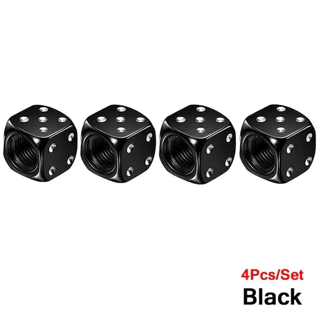 Aluminum dice tire valve caps, 4-pack, black with silver dots, Simples Market