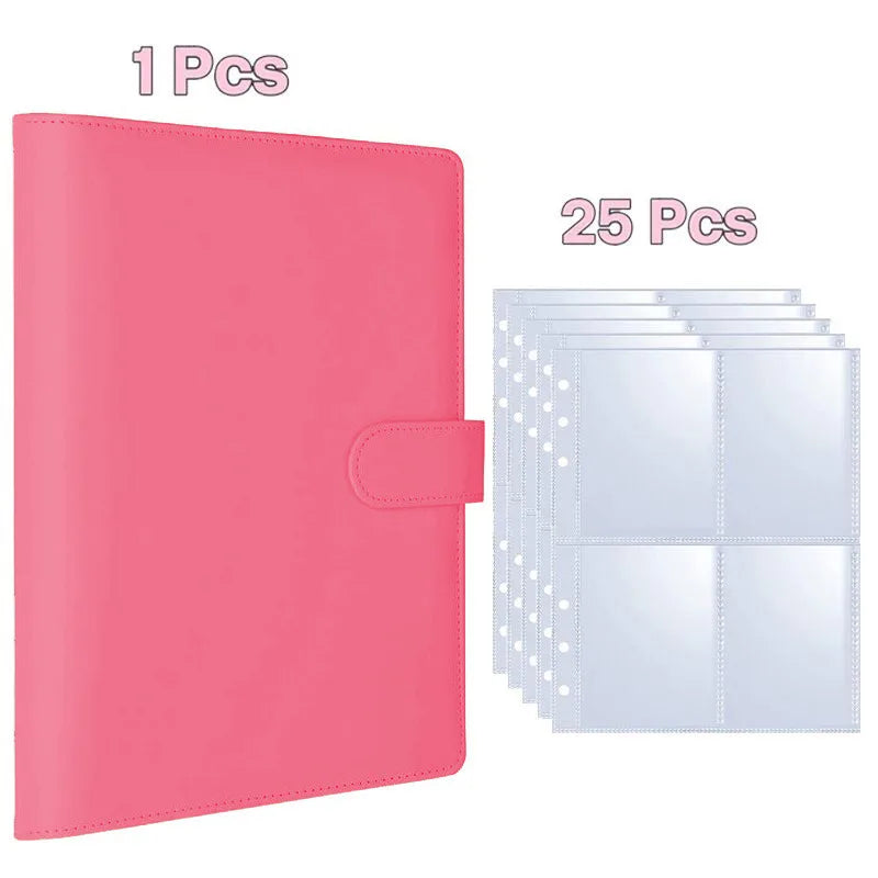 A5 pink PU leather binder with strap and 6 rings, 1 binder and 25 clear sleeves, Simples Market