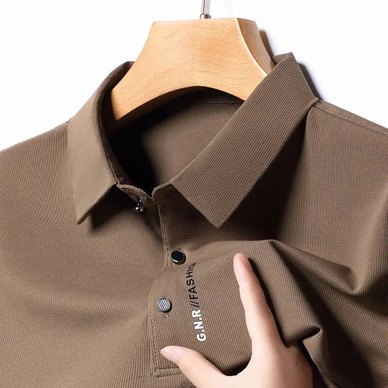 Men's brown Simples Market polo shirt with collar, short sleeves, breathable solid color