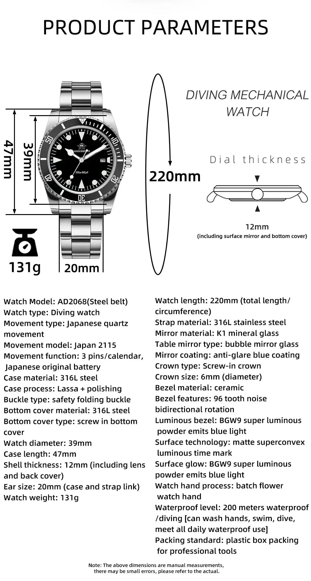 Simples Market ADDIESDIVE luxury stainless analog diver's watch with black dial, ceramic bezel, 200m water resistance.