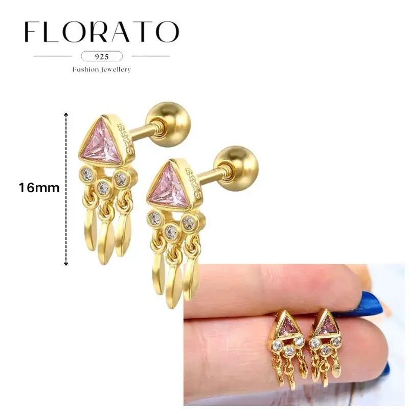 Gold-tone Florato stud earrings with pink triangular zircon pendant and crystal fringe, pair, 16mm