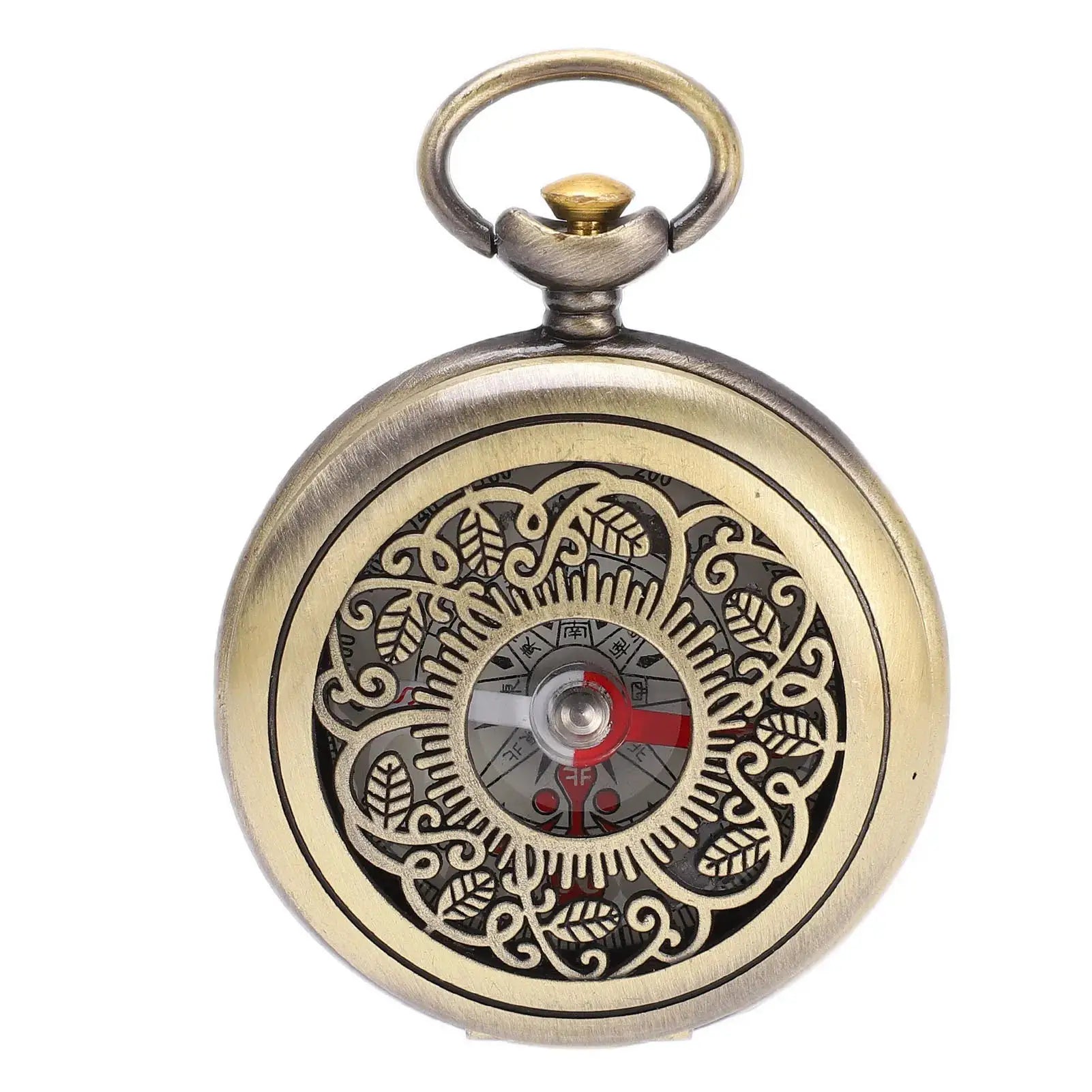Pocket brass compass with ornate engraving, gold-tone finish, waterproof for outdoor use