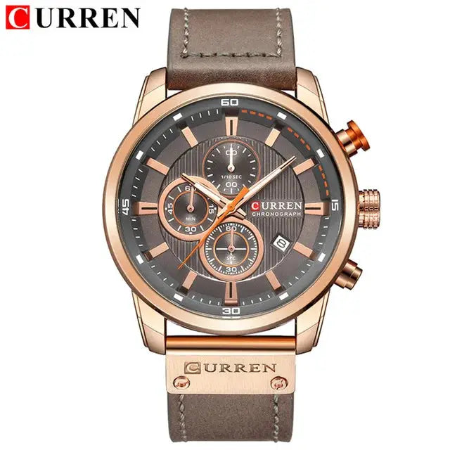 Curren 8291 men's quartz chronograph watch with brown leather strap and rose-gold case