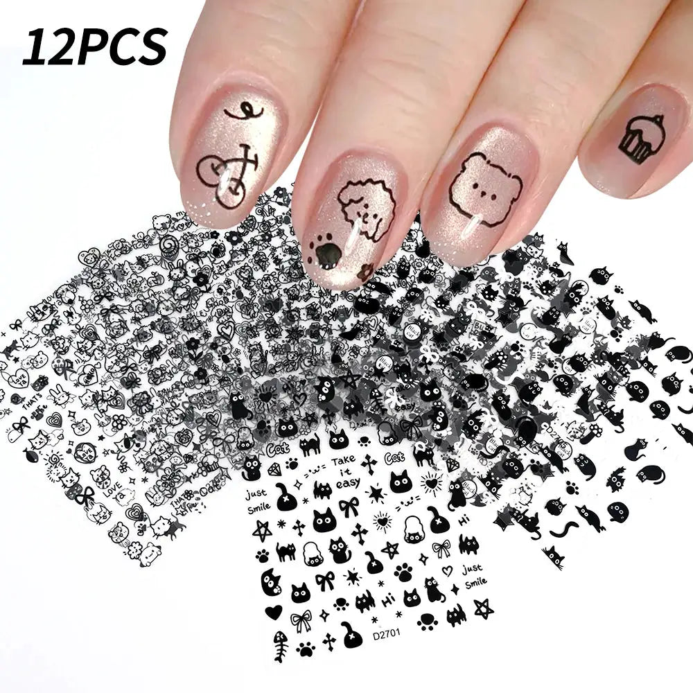Nail sticker set: 12-sheet cartoon black cat decals by Simples Market for kawaii nail art