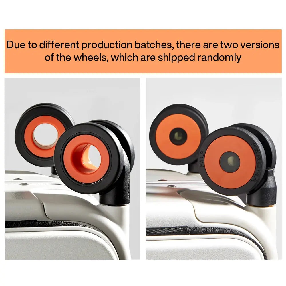 Carry-on suitcase wheels with orange hubs on silver cabin luggage