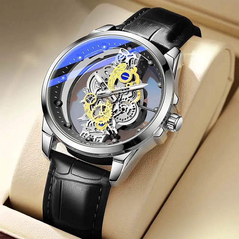 Men's skeleton automatic wristwatch by Simples Market with silver case, visible golden gears and black leather strap.