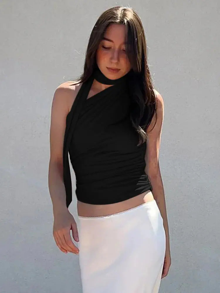 TrendAura Backless Off Shoulder Halter Tank Top Vintage Y2K Sleeveless Crop Top Summer Clubwear
