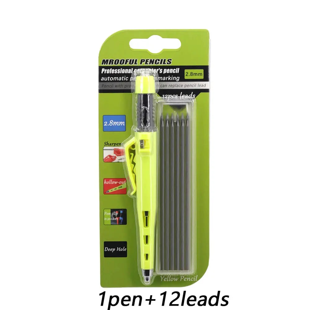 Carpenter marking pen set with 2.8mm neon-yellow pencil and 12 leads, deep-hole design, MROOFUL PENCILS