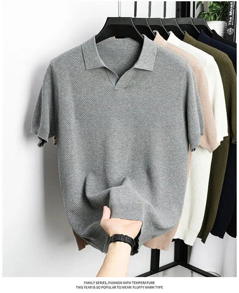 Men's gray knit polo shirt, 100% cotton, short sleeves, assorted colors on hangers