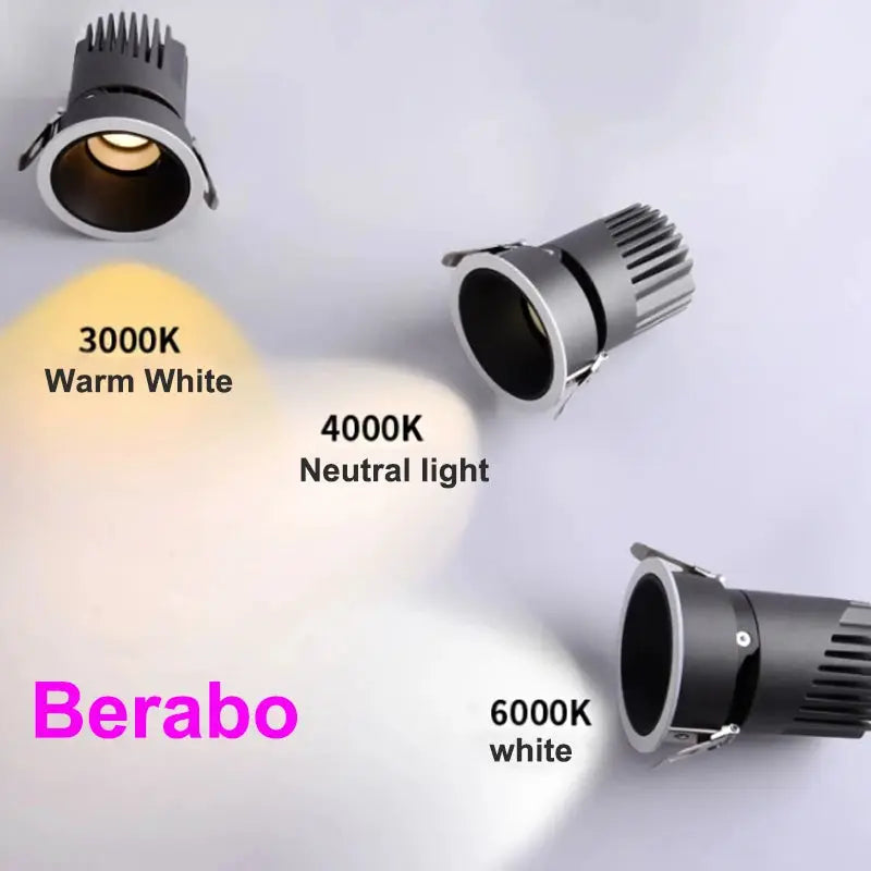 Berabo recessed LED downlight COB, dimmable 12-24W, warm to cool white 3000K–6000K.