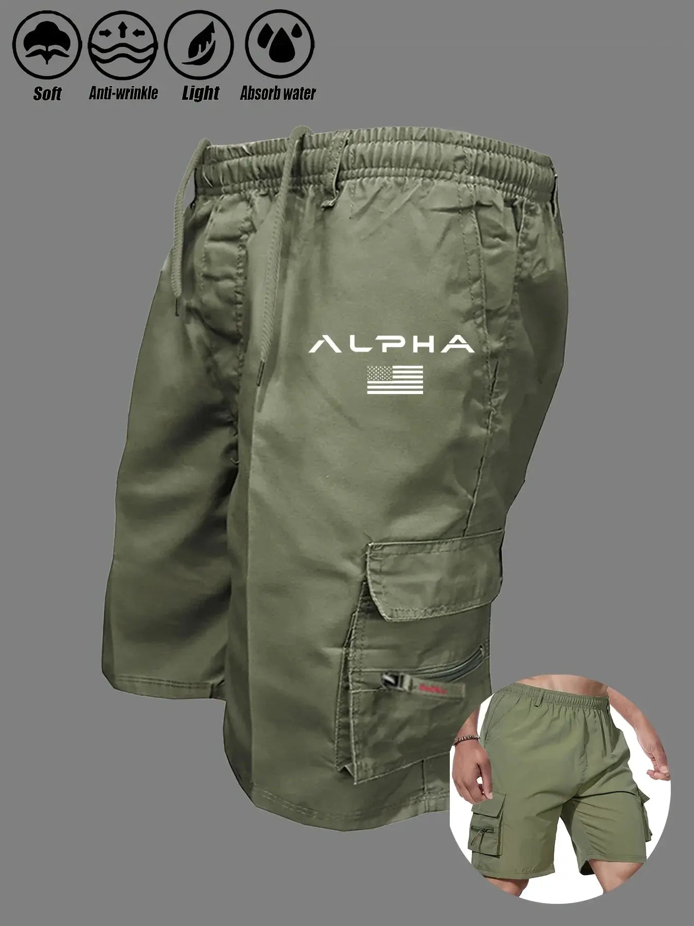 American flag printed cargo shorts by Alpha in olive green with multiple cargo pockets