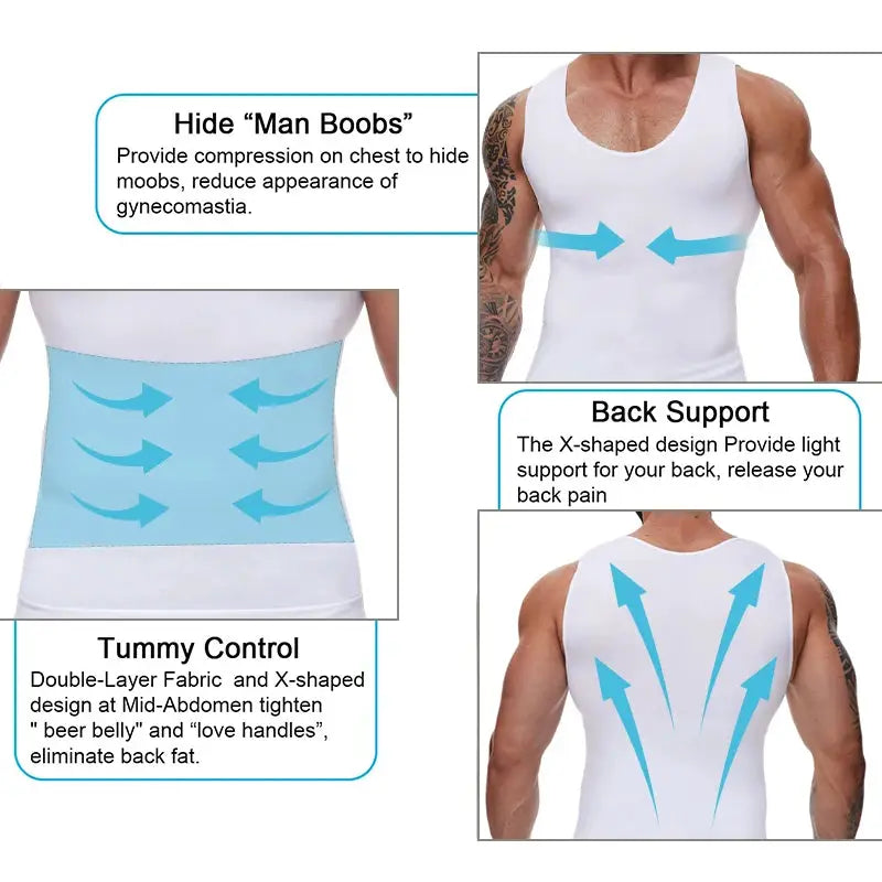 Simples Market men's compression shirt with tummy-control panel, white fabric and blue back support arrows