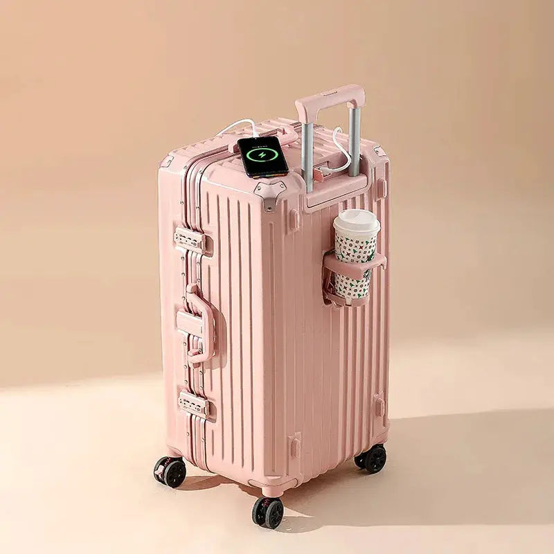 Pink hard-shell carry-on suitcase by Simples Market with USB charging and cup holder.
