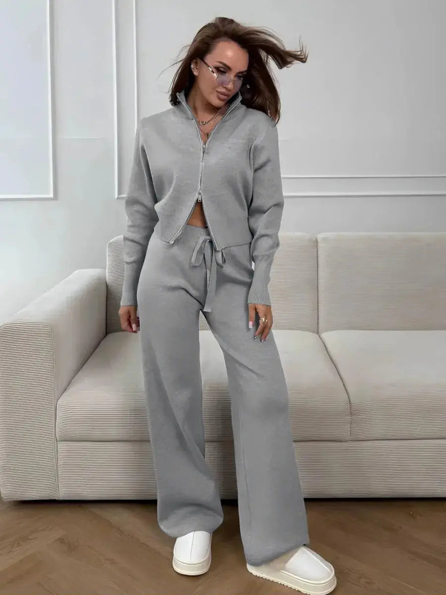Bornladies Knit Zip Up Cropped Cardigan With Wide Leg Pants Set Women