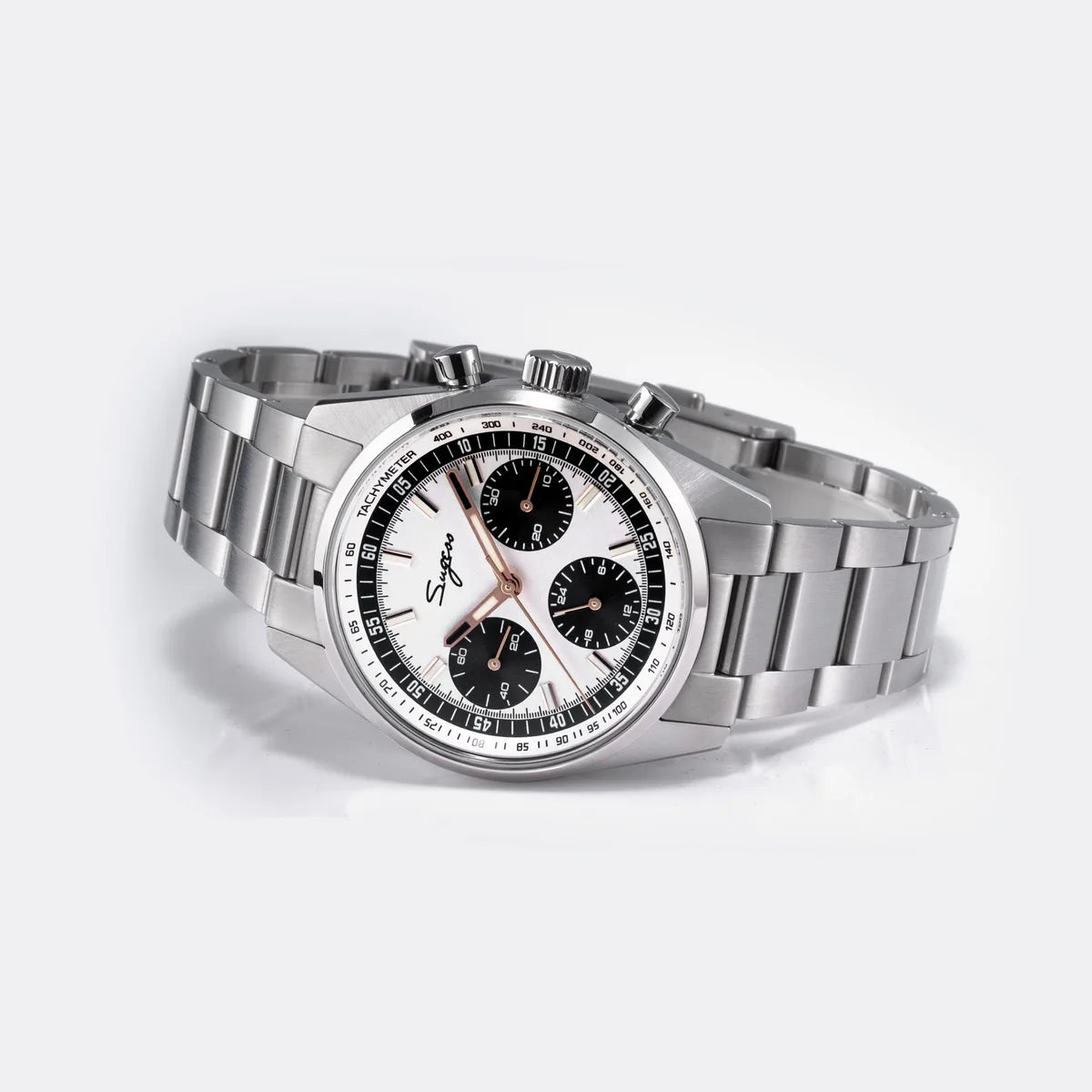 Sugess men's 38mm stainless steel chronograph watch with white dial, black subdials, tachymeter bezel
