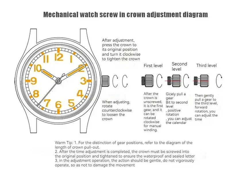 Mechanical watch crown adjustment diagram featuring a round wristwatch with orange numerals and labeled crown steps