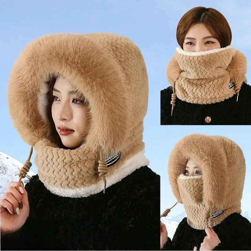 ArcticGuard Thermal Plush Hat Hood Scarf Mask Women Windproof Thick Design Outdoor Riding Gear