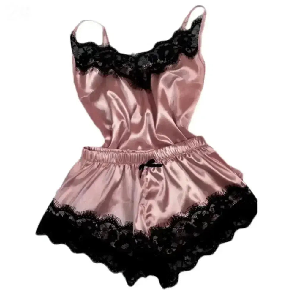 SilkEase Summer Lace Silk Pajama Set For Women Cami Top And Shorts Breathable Lightweight Sleepwear