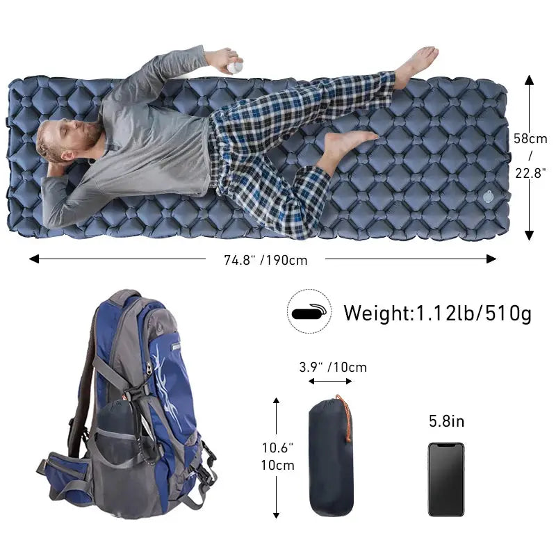 WESTTUNE camping sleeping pad ultralight inflatable mattress, navy blue, shown with backpack and carry pouch