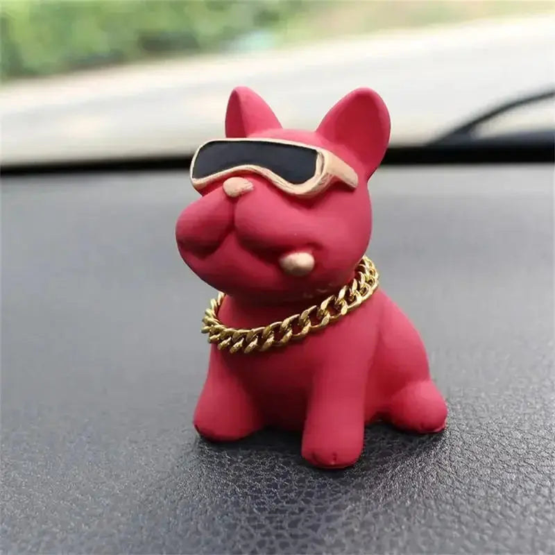 Red wear-resistant resin bulldog car ornament with sunglasses and gold chain for dashboard decor