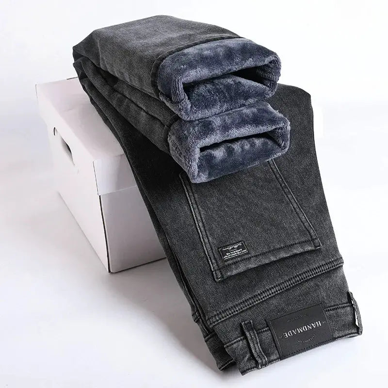 Men's winter fleece jeans by Simples Market, dark gray denim, slim straight with plush lining