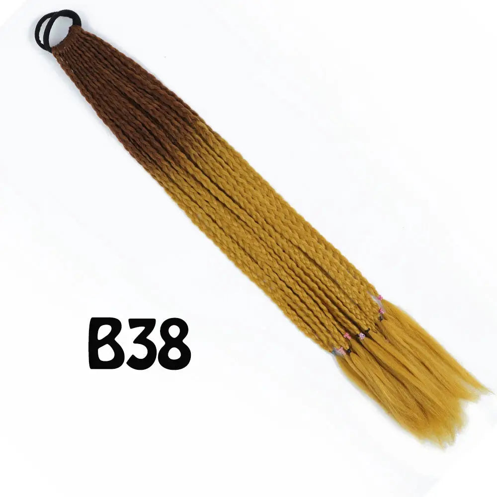 Synthetic gradient braided ponytail extension with elastic band, 24 inches, brown to golden-yellow braid hairpiece.