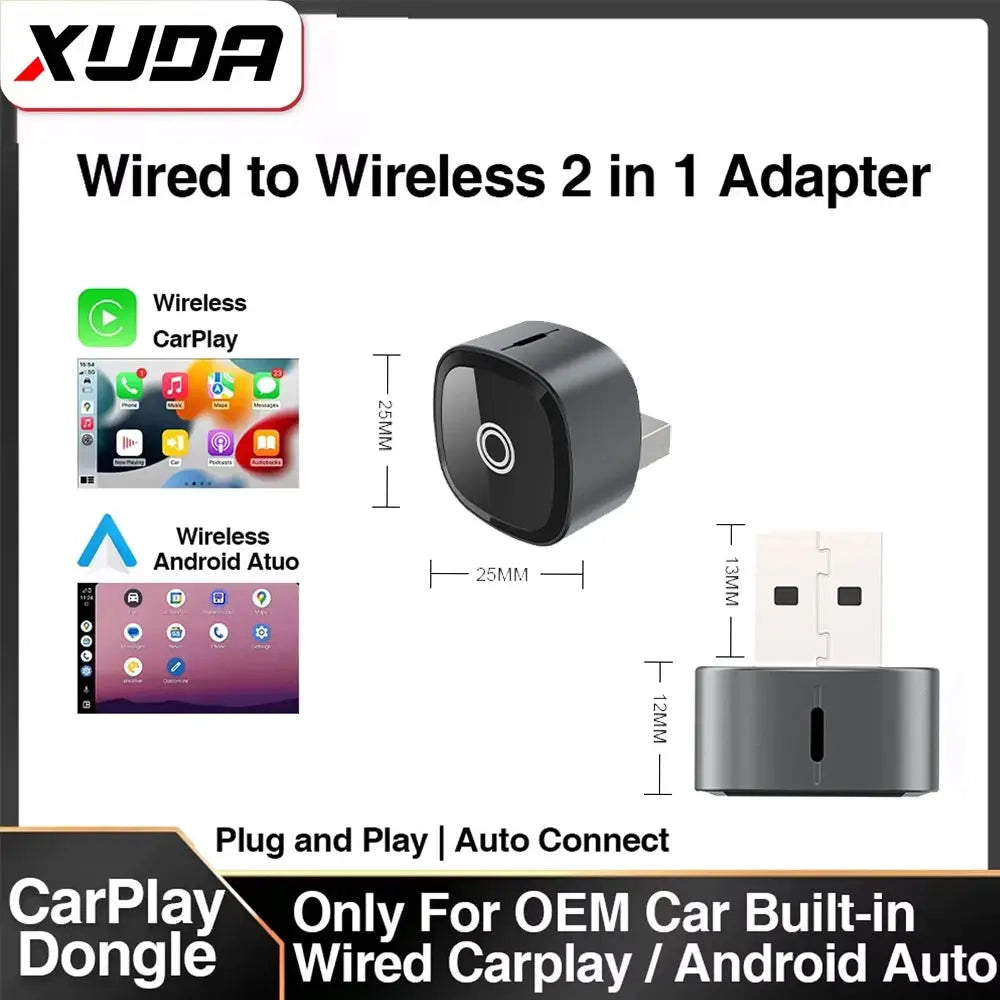 XUDA 2in1 Wireless CarPlay/Android Auto adapter, black compact dongle with USB plug, by Simples Market