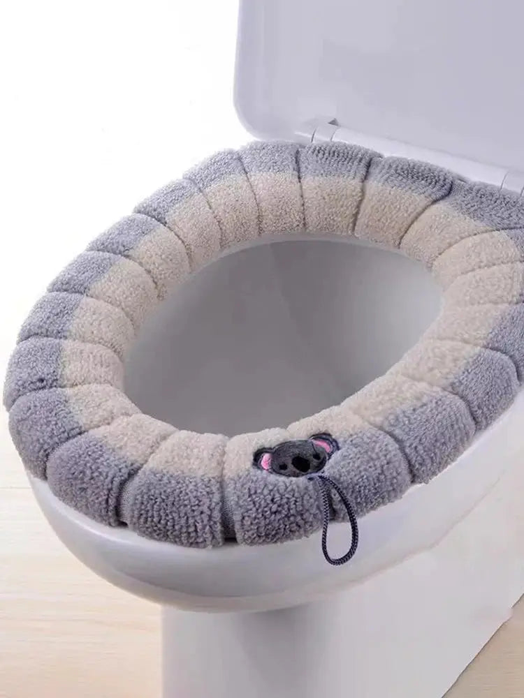 Plush toilet seat cover pad, gray-beige striped, stretchable ring warmer with koala patch