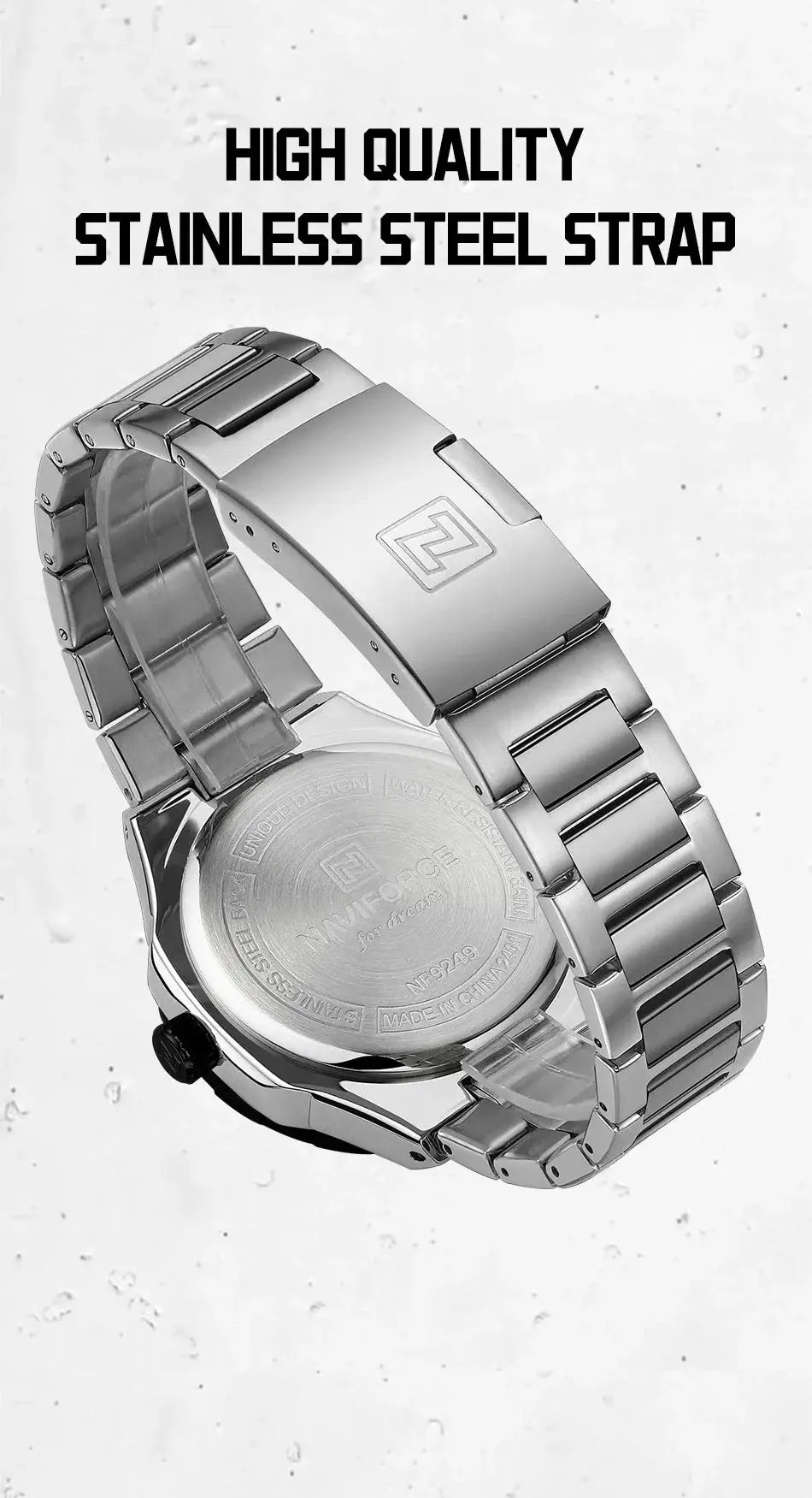 NAVIFORCE men's stainless steel wristwatch with silver bracelet and logo-engraved clasp