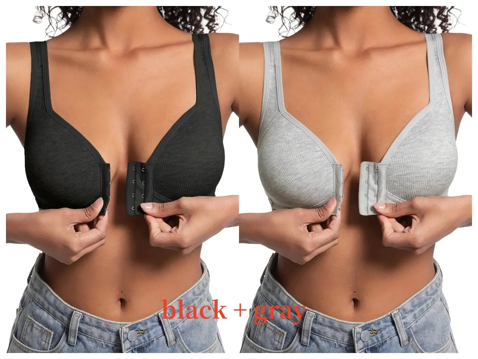 Women's wire-free front-closure bra in black and gray with full-coverage cups, shown on two models.