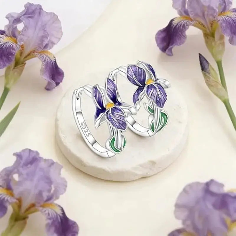925 Sterling Silver Purple Iris Hoop Earrings With Zircon Flower And Plant Series For Women Gift