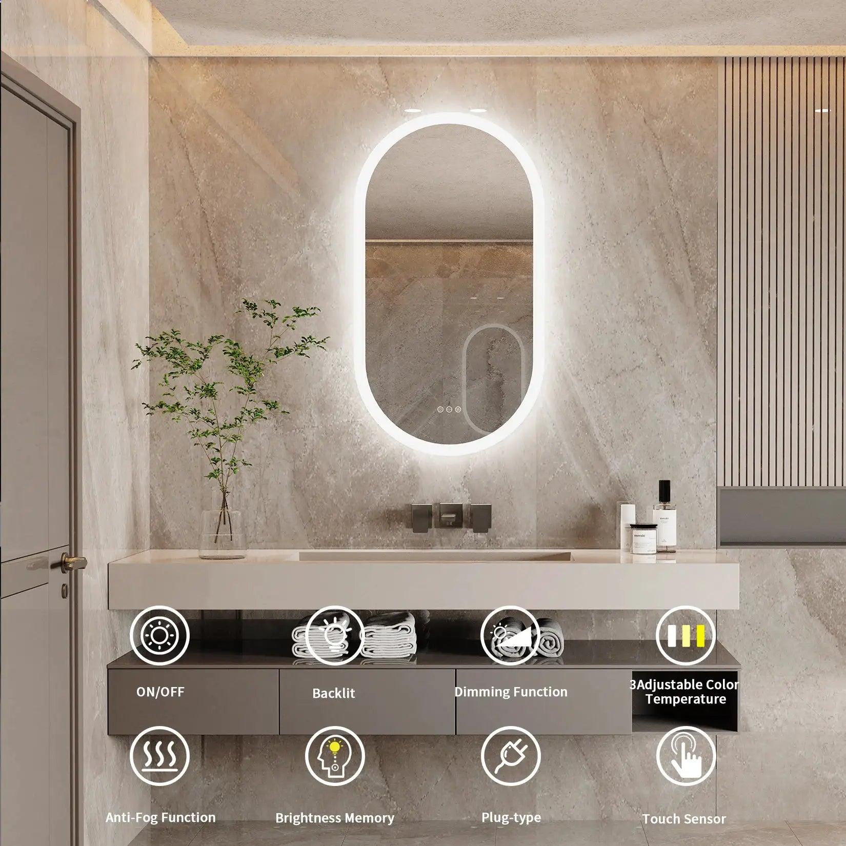 Simples Market LED oval backlit bathroom vanity mirror, frameless with anti-fog coating.
